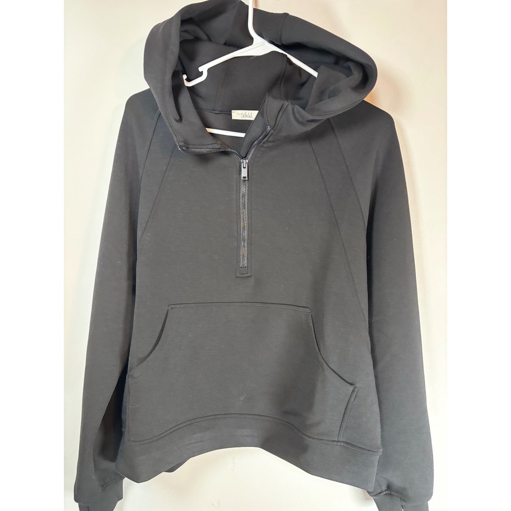 Talulah Women Black Half Zip Hoodie Scuba Style Kangaroo Pocket Thumbholes Sz M
